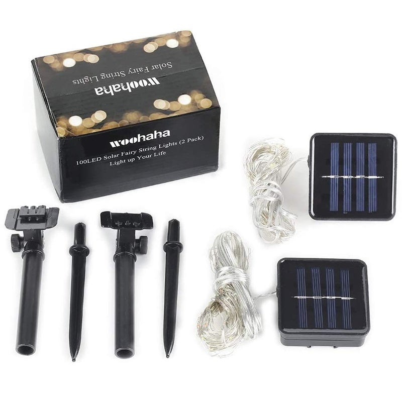 woohaha أضواء شريطية شمسية ووهها، 2 عبوة 33 قدم 100 LED أضواء نحاسية زرقاء، زينة مائية خيالية أضواء شريطية نجمية - 8 أوضاع، داخلية/خارجية للحدائق، الفناء، المنازل، الحفلات (أزرق، 2 قطعة) - Image 4